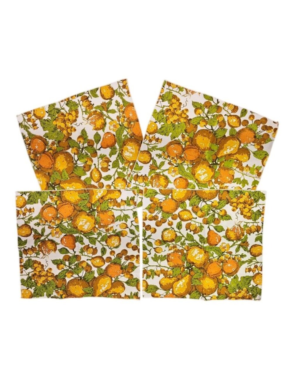 Vintage Fruit Print Cloth Napkins Set Of 4 Orange Green 1970s 16"x14.5" Pears - Picture 3 of 7